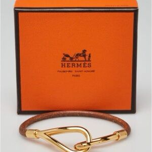 Hermes Brown Leather Gold Plated Jumbo Hook Bracelet
